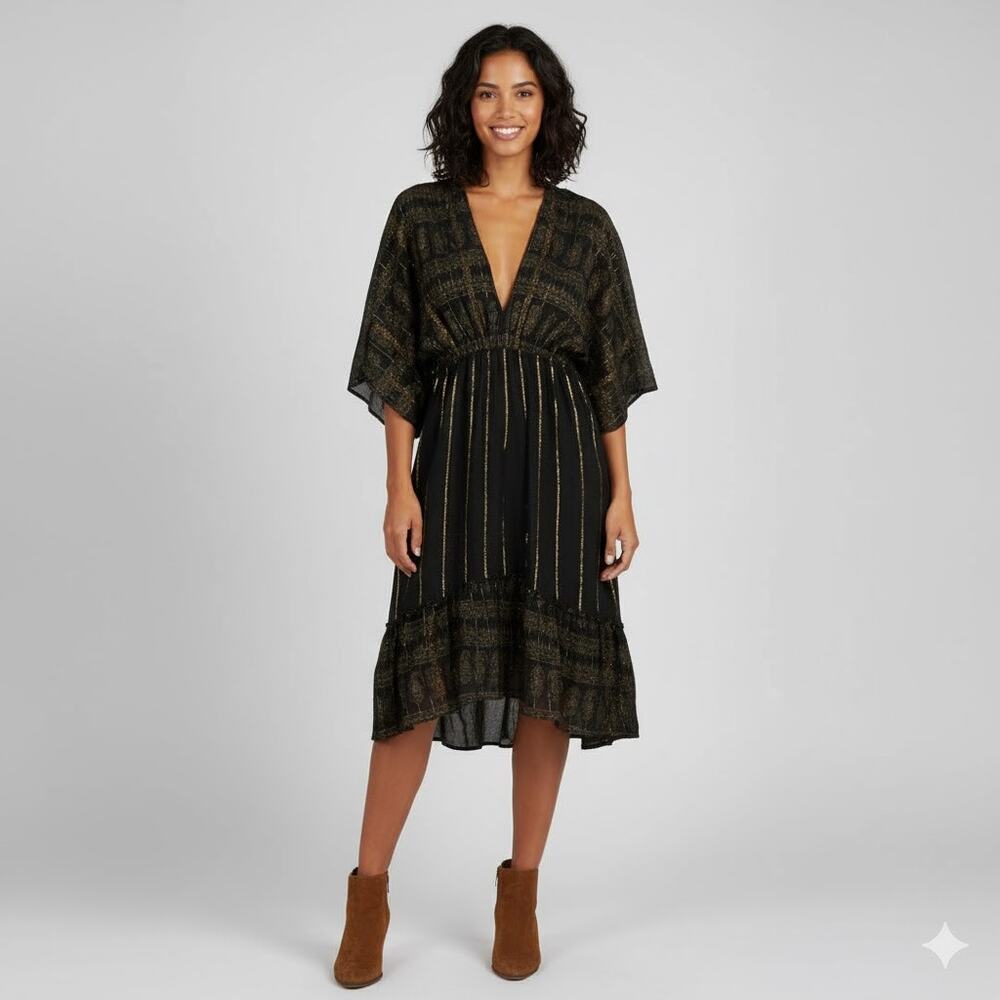 Ashley Taylor Metallic Print V-Neck Boho Kimono Dress